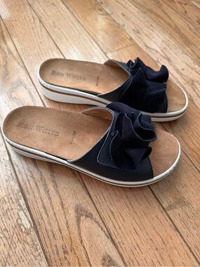 Ron White Frani Navy Slide Sandals with Ruffle Accent